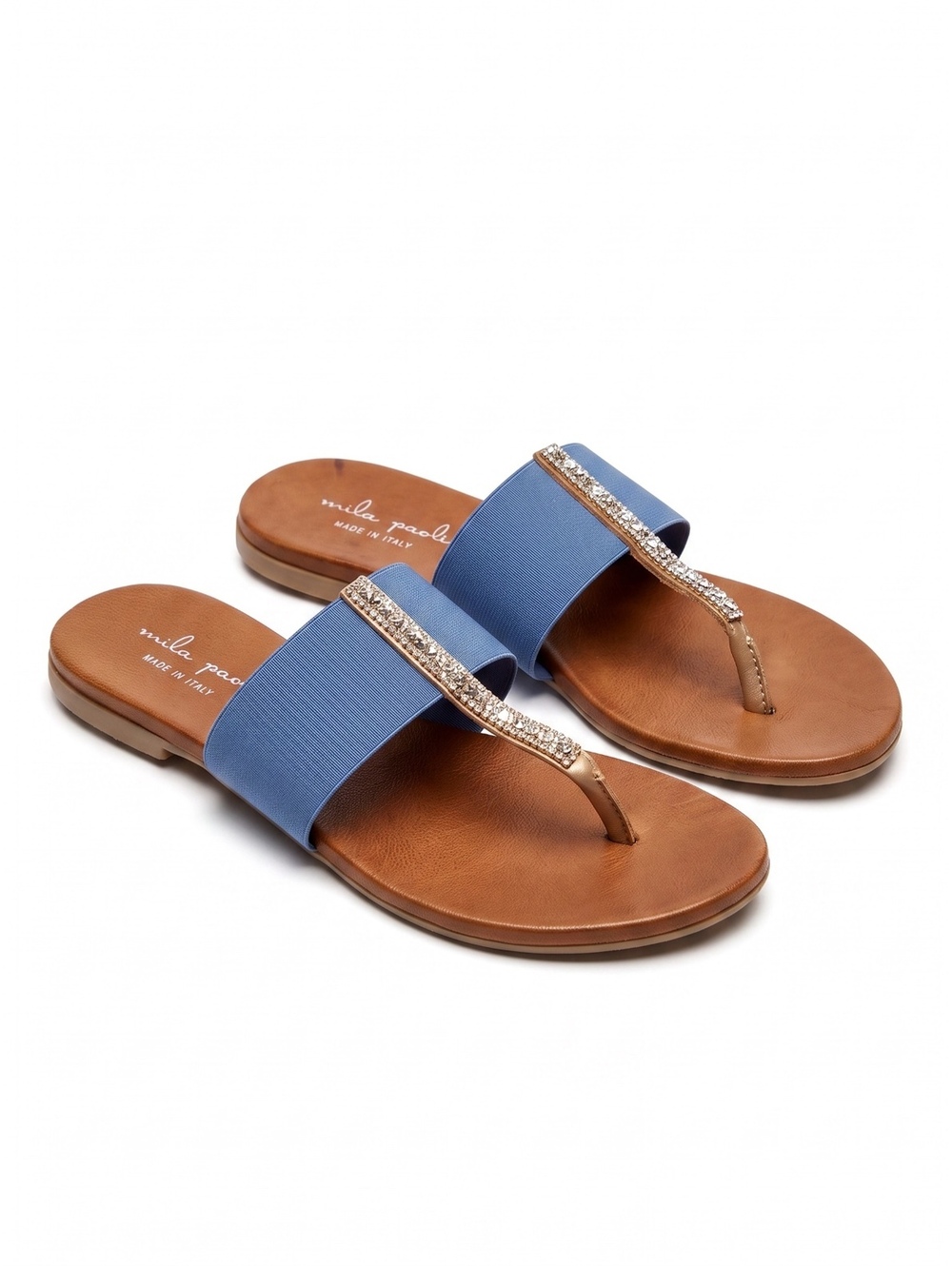 Mila Paoli Italy Blue Rhinestone Slide Thong Sandals Women's Size 7.5